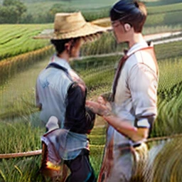 Three boys in a paddy field.. Beside bn beside.. In a raw..