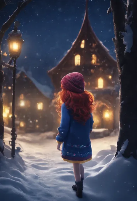 4k master piece, high detail, night time, dark, exterior of a red haired girl with blue eyes, wearing a dark blue sweater and beanie, with black tights and wearing a yellow backpack, walking through an empty snowy village at night, dark, scary, foggy and s...