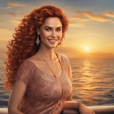 1 adult woman, long hair, curly hair, red hair, detailed skin, brown eyes, smiling, Occasional, sexy clothes, with background in a sunset on the sea, super realistic 16k, super detailed and realist