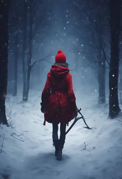 4k master piece, high detail, night time, dark, exterior of a red haired girl with blue eyes, wearing a dark blue sweater and beanie, with black tights and wearing a yellow backpack, walking through an empty snowy village at night, dark, scary, foggy and s...