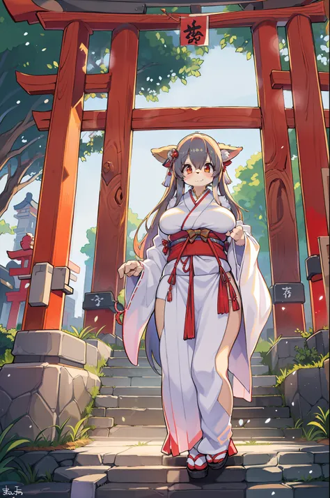 Fox Woman、body covered with fur、huge-breasted、kawaii、shrine maiden、Japan white clothes,Red Hakama、torii gate,summer day、From the top、Wide Shot、Very Wide Shot、A big smile、bbw、thick thight、big butts、Ultramammy