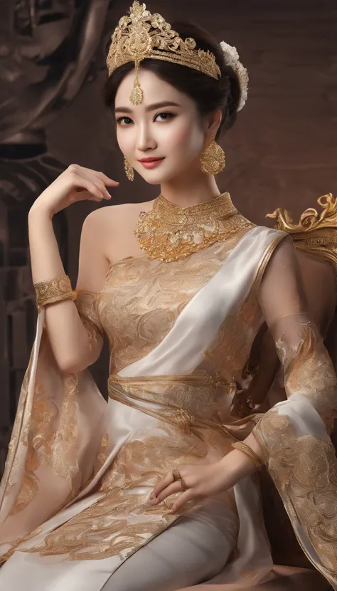 Realistic,Ultra detailed hd 8k, myth,argent,kebaya,Scroll,batik,sleeveless, treasure,universe, face the camera, smile, 19 year old girl, cute girl, beautiful girl, indonesian model, white healthy skin, delicate eyes, tied-up hair, ethnic earrings, gold tia...