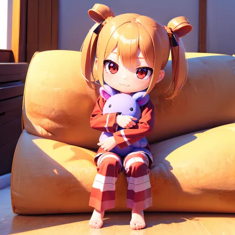 (masterpiece, best quality), ((((Soft render 3d)))),
[reflection], (shadow:1.0), 
(Chibi) Cute girl, Orange hair, twin tail, (drooping eyes, red eyes),  Wearing a pyjamas,
joy, happy, solo, 

hug a stuffed animal,