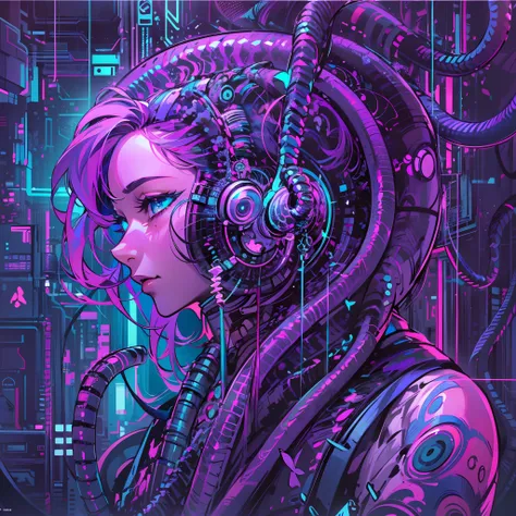 (absurdo, altas, Ultra detallado), 1girl, solo, Ojos extremadamente detallados, (arte oficial, beautiful and aesthetic:1.2), (Arte fractal:1.3), Colorante, More Detailed, Technology cyberpunk snakes purple blue neon around, escuchando musica, auriculares, ...