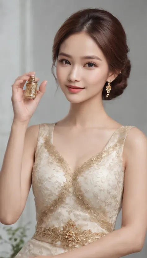 myth,argent,kebaya,Scroll,batik,sleeveless, treasure,universe, face the camera, smile, 19 year old girl, cute girl, beautiful girl, indonesian model, white healthy skin, delicate eyes, tied-up hair, ethnic earrings, gold tiara, full body photo, realistic h...