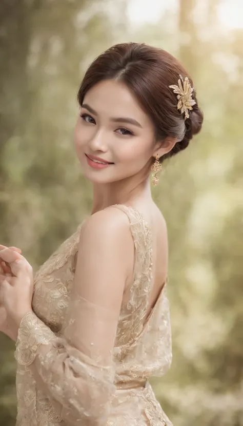 myth,argent,kebaya,Scroll,batik,sleeveless, treasure,universe, face the camera, smile, 19 year old girl, cute girl, beautiful girl, indonesian model, white healthy skin, delicate eyes, tied-up hair, ethnic earrings, gold tiara, full body photo, realistic h...