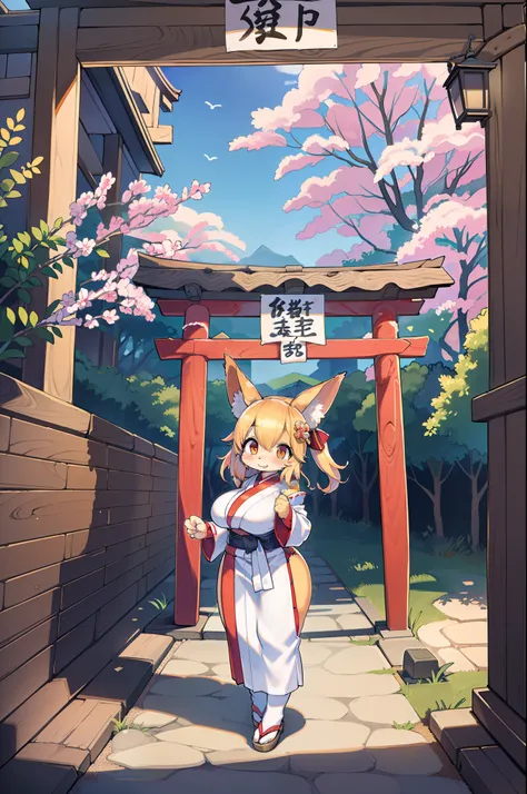 Fox Woman、body covered with fur、huge-breasted、kawaii、shrine maiden、Japan white clothes,Red Hakama、torii gate,summer day、From the top、Wide Shot、Very Wide Shot、A big smile、bbw、thick thight、big butts、Ultramammy、In front of Tamamo