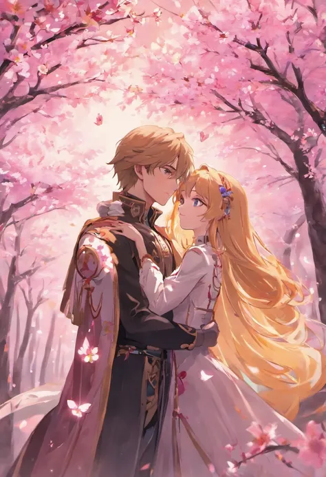 A very strong and handsome anime prince with long flowing bronze hair and blue eyes very handsome prince very tall standing with his princess with long purple beautiful hair beautiful princess blue eyes. Standing under a cherry blossom tree