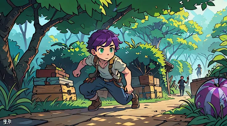 top-quality、​masterpiece、((Deformed))、Boy with short purple hair、Green eyes、Uncharted costumes、Treasure Hunter、Composition that reflects the whole body、jungles、mont、Parkour