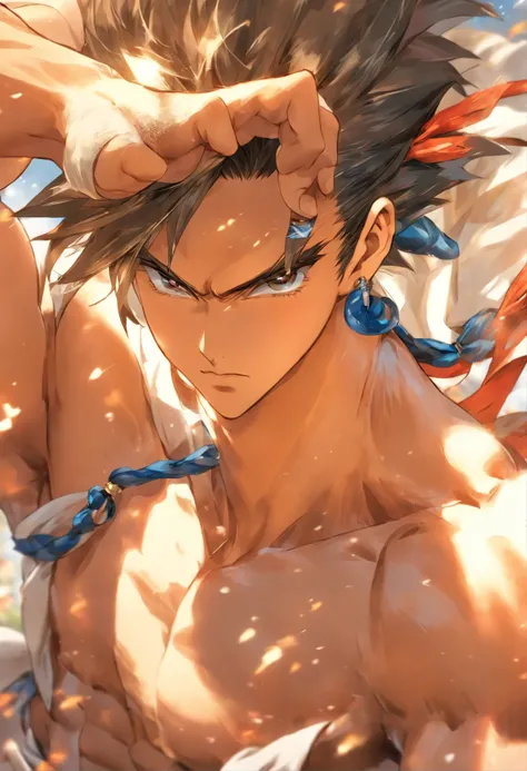 NSFW、One muscular boy、abdominals、pectoral muscles、One handsome boy、traditional Japanese costume、Style、Traditional buildings and views of the Japan、the wind、Traditional costumes、A sexy、Personal、Stylish、opulent、White and blue costume