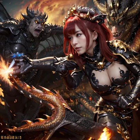 (The Ultimate Beauty Face), Professional , ​masterpiece、top-quality、photos realistic , depth of fields （Gemstone Black Metal Body:1.4),(Matte Black、（cleavage of the breast）、Dragon Gold Weapon,Mystical expression、Particles of light、((((Fight dragons)))、（a b...