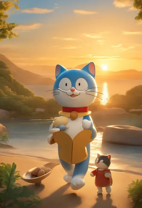 In this charming image, we see Doraemon standing in the beautiful glow of the setting sun. He is holding a Taiyaki, smiling as he walks forward, seemingly welcoming guests. The golden rays of the setting sun shine upon him, making him even more adorable an...