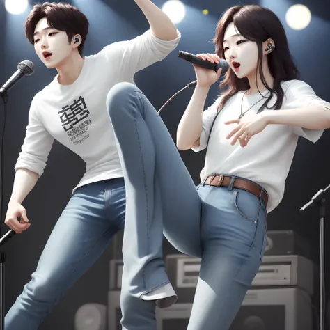 Korean singer wearing jeans and a white shirt with a microphone