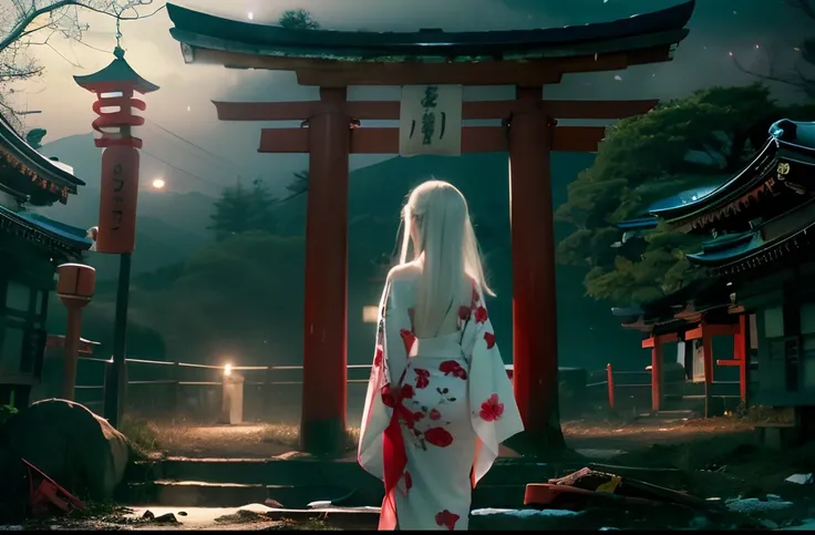 8K, Raw photo, Realistic, (High detail, Best Quality:1.2), slender girl, Full body back view shot, (bloody kimono:1.2, White long Hair:1.1), small hip, Photo from the back, Fairer skin, skinny body, (dark abandoned shrine at night, red Torii gate), Cinemat...