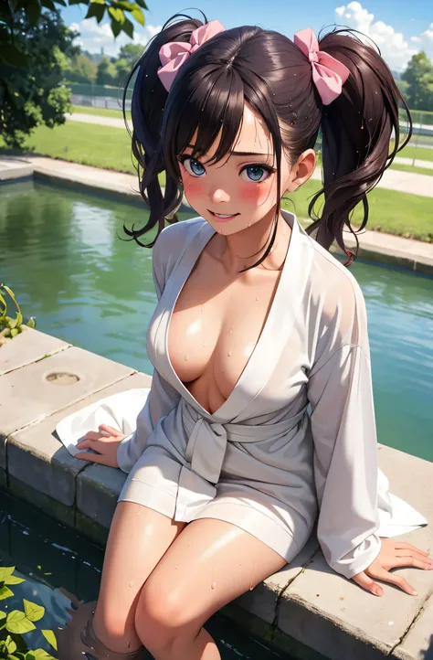 (​masterpiece), (top-quality), Wide Angle, 1girl in, soaking wet, Twin-tailed, blushed, embarrassed, Good hand anatomy, POV, From  above, Sitting, White robe, plein air, Park, Sateen, (Realistic:1.5), 1 girl in, Precise little hands, Embarrassed look, Smil...