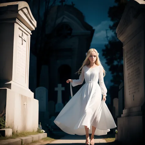 Beautiful girl blonde hair, blue eyes, 30 years old, ghostly, in white dress flying over the crosses of the cemetery catacombs