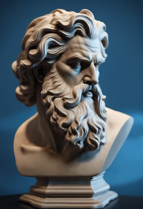 Create an inspiring 8K image depicting a Zeus Greek ,stronger, looking aside, immortalized as a bust statue, only bust statue, with minute details, with bluebackground