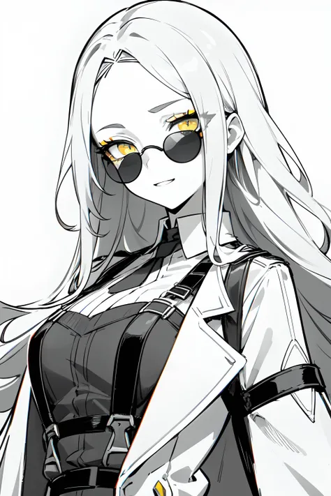 (((colored yellow eyes with greyscale background))), 1girl, woman, solo, long hair, big hair, (forehead:1.2), (round sunglasses:1.19), yellow eyes, medium breasts, devilish grin, white hair, (overcoat, black coat, open coat:1.2), white shirt, collared shir...