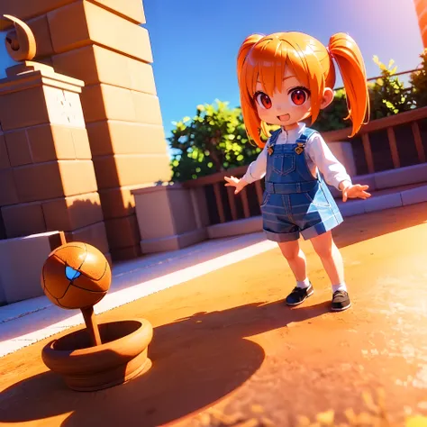 (masterpiece, best quality), ((((Soft render 3d)))), 
[:reflection:0.2], (shadow:1.0), 
(Chibi) Cute girl, Orange hair, twin tail, (drooping eyes, red eyes), Wearing a overall, joy, 
happy, solo, 
Playing in the sandbox at the park,