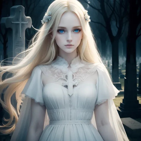 beautiful detailed eyes,beautiful detailed lips,pale skin,gorgeous blonde hair,flying in a white dress over the crosses of the cemetery catacombs,ethereal atmosphere,ghostly glow,soft lighting,hauntingly beautiful,portrait,horror,blonde,long flowing hair,b...