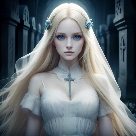 beautiful detailed eyes,beautiful detailed lips,pale skin,gorgeous blonde hair,flying in a white dress over the crosses of the cemetery catacombs,ethereal atmosphere,ghostly glow,soft lighting,hauntingly beautiful,portrait,horror,blonde,long flowing hair,b...