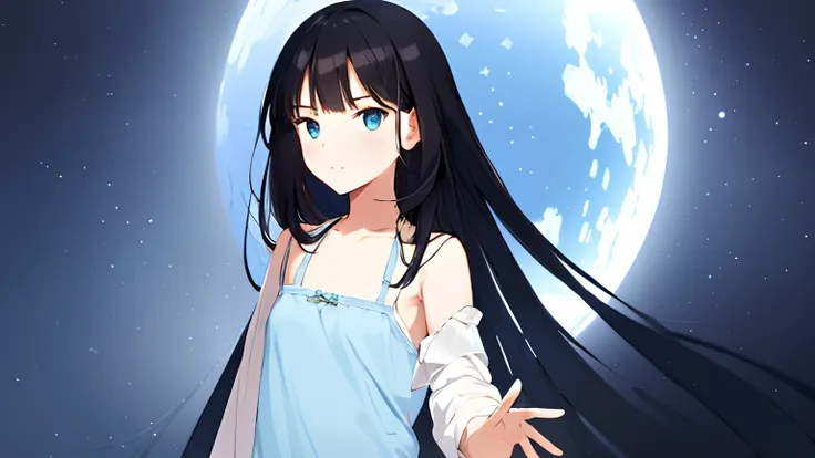 megami_zenitsu, masterpiece, 1girl, solo, pov, black hair, blue eyes, medium to long hair, small breast, flat chest, small posture, slight smile, standing, warp hole, reaching out, face focus, limbo, casual outfit, looking at viewer, from right side angle