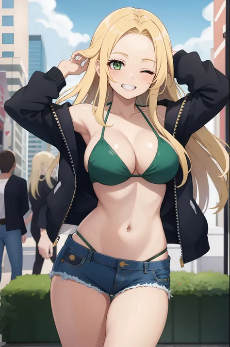 Girl, Long hair, blonde hair, forehead, dark green eyes, big breasts, one eye closed, seductive smile, clenched teeth, hand on head, Bikini top only, denim shorts, jacket, City