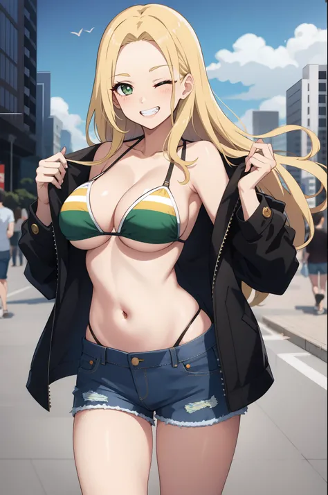 Girl, Long hair, blonde hair, forehead, dark green eyes, big breasts, one eye closed, seductive smile, clenched teeth, Standing, Bikini top only, denim shorts, jacket, City