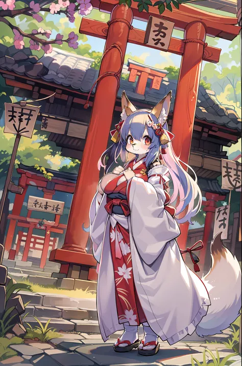 Fox Woman、body covered with fur、huge-breasted、kawaii、shrine maiden、Japan white clothes,Red Hakama、torii gate,summer day、From the top、Overhead view、Wide Shot、Very Wide Shot、A big smile、bbw、thick thight、big butts、Ultramammy