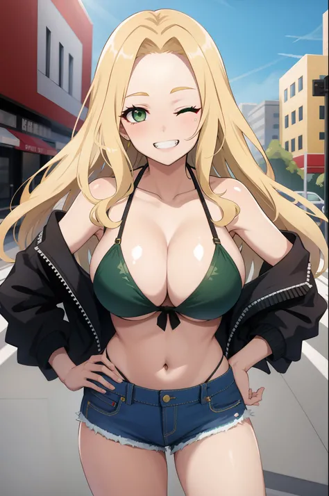 Girl, Long hair, blonde hair, forehead, dark green eyes, big breasts, one eye closed, seductive smile, clenched teeth, hands on hip, Bikini top only, denim shorts, jacket, City