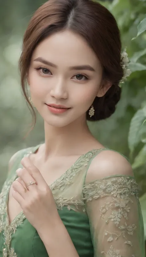 myth,argent,kebaya,Scroll,batik,jarik,sleeveless, treasure,universe, face the camera, smile, 19 year old girl, cute girl, beautiful girl, indonesian model, white healthy skin, delicate eyes, tied-up hair, ethnic earrings, flower tiara, full body photo, ult...