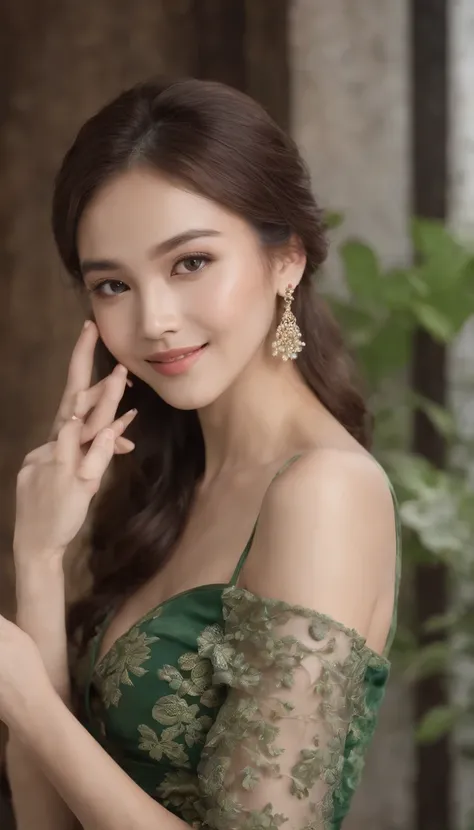 myth,argent,kebaya,Scroll,batik,jarik,sleeveless, treasure,universe, face the camera, smile, 19 year old girl, cute girl, beautiful girl, indonesian model, white healthy skin, delicate eyes, tied-up hair, ethnic earrings, flower tiara, full body photo, ult...