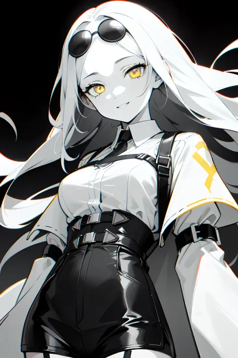 (((colored yellow eyes with greyscale background))), 1girl, woman, solo, long hair, big hair, (forehead:1.2), (round sunglasses:1.19), yellow eyes, medium breasts, devilish grin, white hair, (overcoat, black coat, open coat:1.2), white shirt, collared shir...