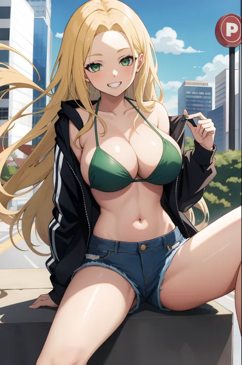 Girl, Long hair, blonde hair, forehead, dark green eyes, big breasts, seductive smile, clenched teeth, thigh straddling, Bikini top only, denim shorts, jacket, City