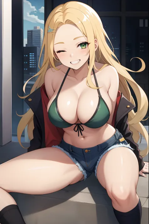 Girl, Long hair, blonde hair, forehead, dark green eyes, big breasts, one eye closed, seductive smile, clenched teeth, thigh straddling, Bikini top only, denim shorts, jacket, City