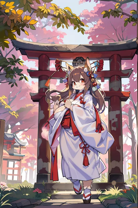 Fox Woman、body covered with fur、huge-breasted、kawaii、shrine maiden、Japan white clothes,Red Hakama、torii gate,summer day、From the top、Overhead view、Wide Shot、Very Wide Shot、A big smile、bbw、thick thight、big butts、Ultramammy