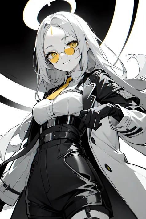 (((colored yellow eyes with greyscale background))), 1girl, woman, solo, long hair, big hair, (forehead:1.2), (round sunglasses:1.19), yellow eyes, medium breasts, devilish grin, white hair, (overcoat, black coat, open coat:1.2), white shirt, collared shir...