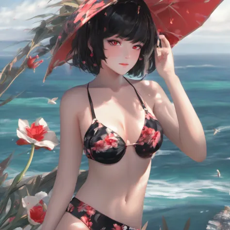 1girl, short black hair, red eyes, wearing flower bikini,, sea, beach, absurdres, high res, ultrasharp, 8K, masterpiece, looking at viewer