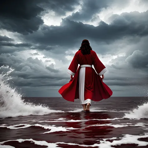 Jesus in a red and white robe walking on water in the middle of the storm