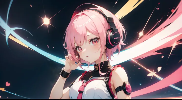 girl with pink short hairstyle holding microphone in singer、kawaii、headphones、​masterpiece、high-level image quality、anime style ...