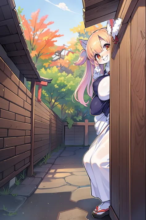 Fox Woman、body covered with fur、huge-breasted、kawaii、shrine maiden、Japan white clothes,Red Hakama、torii gate,autumn day、From below、Wide Shot、Very Wide Shot、A big smile、bbw、thick thight、big butts、Ultramammy、Under the maple tree