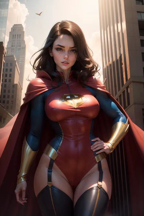 Super Hero Woman, Brunette, Cute, Standing at the top of a tall building, long cape, naked, nude, sexy body