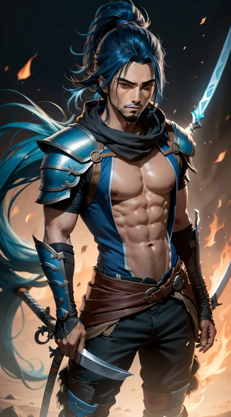 yasuo league of legends, obra maestra, mejor calidad, realista, 1boy, cabello largo azul, grande, armadura, mamado, espada de fuego azul, monkey yasuo