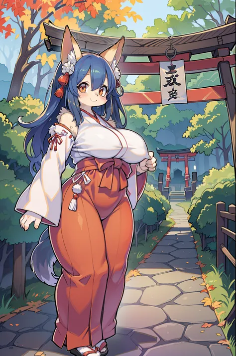 Fox Woman、body covered with fur、huge-breasted、kawaii、shrine maiden、Japan white clothes,Red Hakama、torii gate,autumn day、From below、Wide Shot、Very Wide Shot、A big smile、bbw、thick thight、big butts、Ultramammy、Under the maple tree