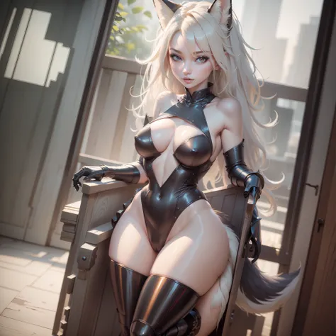 Sexy female fox, beautiful face, long blonde hair, wearing white lacy lingerie, sexy, fıt body, large breasts, standing, high detail, backlighting, ray tracing, depth of field, close-up, bokeh, Canon, UHD, high details, anatomically correct, super detail, ...