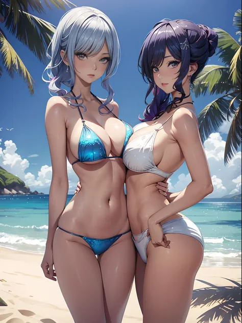 Three beautiful fair-skinned women in bikinis pose for a group photo on the beach, seductive anime girls, beautiful and seductive anime woman, Guviz-style artwork, Perfect white haired girl, Guviz, Beautiful anime girl, ross tran. scenery background, in be...