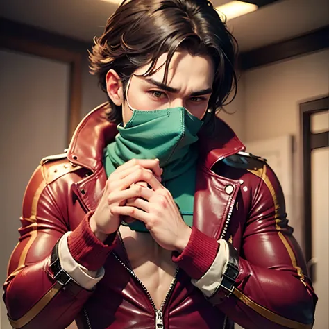 [Scene 4] He tries to take off his jacket, but it is too tight and rips apart, revealing a red dress that fits his new curves. He gasps and covers his mouth with his hand. --auto --s2