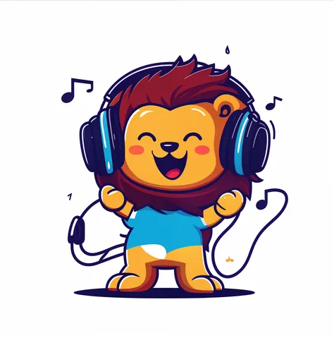 Cartoon lion with headphones and music notes, jamming to music, vibing to music, Cute lion, com fones de ouvido, com fones de ouvido, Mascot illustration, ele tem fones de ouvido, music is life, Listening to music, laughing bear musician, arte fofa, DJ Sur...