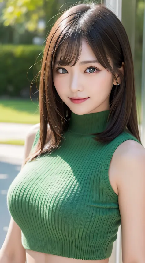 masutepiece, Best Quality, Photorealsitic, finely detail, hight resolution, 8K Wallpapers, Perfect dynamic composition, Beautiful detailed eyes, Medium Hair, large full breasts, Random and sexy poses,Bring your chest together、(Mock Neck Crop Tank Top Green...