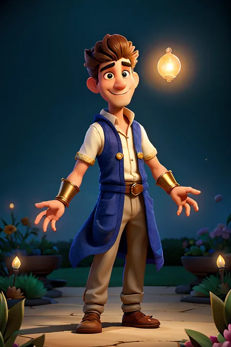 A man who is a magical “Arabian Nights” Jinni, holding out a glowing orb, with lighting bolts from his fingers, background is a springtime garden, daytime light, mood is operative, resolute, propitious, intelligent, character design.